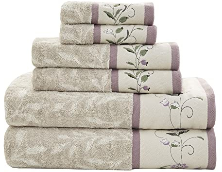 Madison Park Serene Badetuch-Set, 100% Baumwolle, luxuriös, mit Blumenmuster, Bestickt, Baumwolle, Jacquard-Design, weich und sehr saugfähig für die Dusche, Verschiedene Größen, Violett, 6 Stück