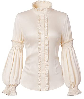 Womens Vintage Victorian Shirts Renaissance Medieval Long Sleeve Stand Collar Blouse Lotus Ruffled Tops Apriot