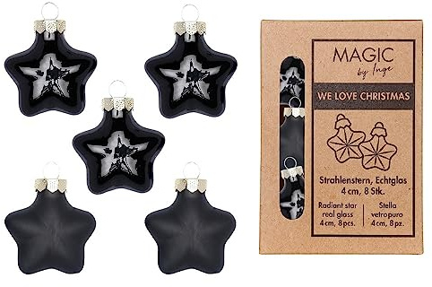 Inge-glas Christbaumschmuck Sterne Glas 4cm x 8 Stück in Kartonbox Weihnachtskugeln Set schwarz Ebony Black