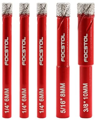 FOCSTOL Juego Brocas Diamante Seco - 5 piezas 6/6/6/8/10mm Broca Corona con Vástago Redondo para Gres Porcelanico Cerámica Granito Mármol Cuarzo