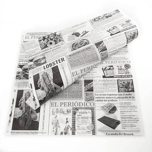 Balsat Papier anti-graisse pour aliments 28 x 31 cm Motif journal Idéal pour hamburger ou papier pour fromage et frits Boîte de 1000 feuilles alimentaires multifonctions et ultra résistantes