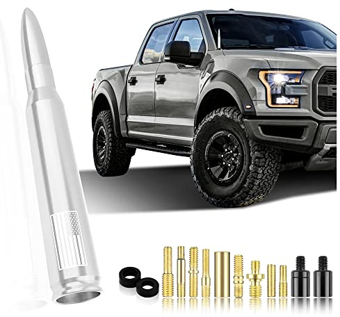 Car Bullet Antenna,Truck Exterior Decoration Accessories Car Vehicle Replacement Antenna Conpatible with Ford F150 RAM 1500 GMC Heavy Duty Pickup Trucks Accessories (New Upgrade Silver-U.S. Flag)…