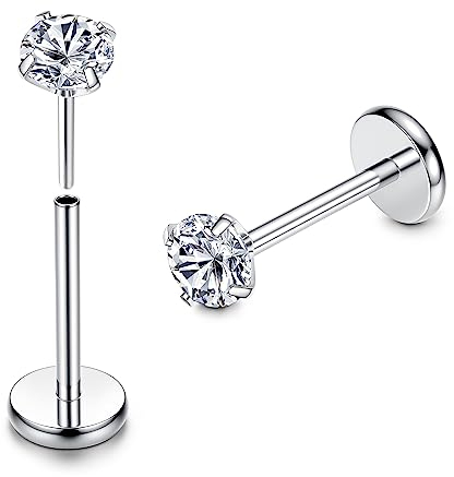 Adramata 2Pcs G23 Titan Lippenpiercing Labret Piercing Gewindeloses Einschieben Monroe Medusa Piercing CZ Opal Piercing Ohr Klein Nasenpiercing Stecker Conch Tragus piercing Silber Helix Piercings