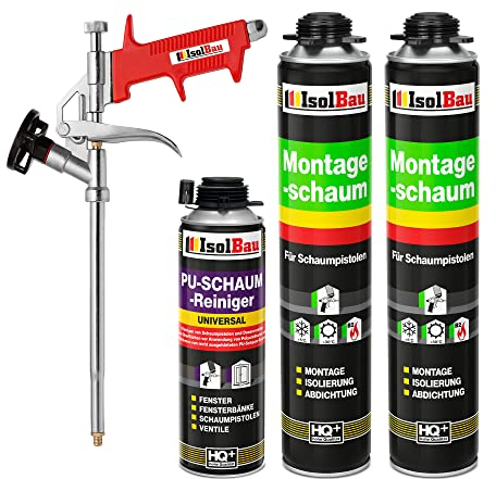 Isolbau Bauschaum-Set - Inkl. 2 x 1K Montageschaum B2 Pistolenschaum mit hervorragender Schall und Wärmedämmung (je 750 ml), 1 x PU-Schaum-Reiniger (500 ml) & 1 x Schaumpistole, Abdichten