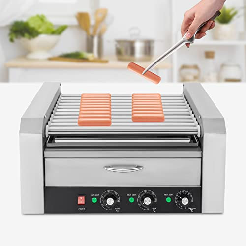 Máquina eléctrica para Hacer Perritos Calientes 30 con 11 Rodillos y cajón de 9,5 l/2,5 GAL, Calentador Comercial de Perritos Calientes de Escritorio con Parrilla rodante de Acero Inoxidable, 110 V,