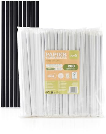 Mank Umweltfreundliche Papiertrinkhalme, Pappstrohhalme für Partys & Hochzeiten, in recycelbarem Folienbeutel, Strohhalme (150, Schwarz, einzeln gehüllt, Ø 8 mm / 23 cm)