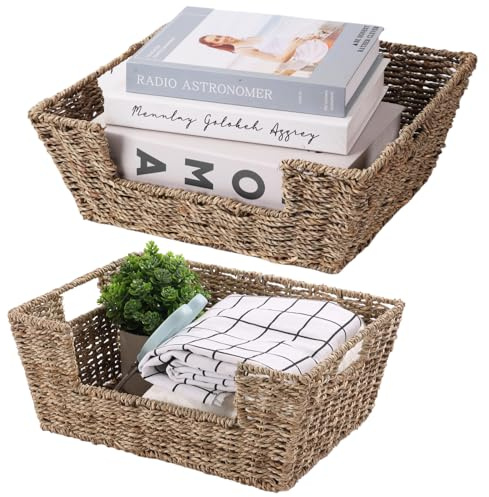 Körbe Aufbewahrung Geflochten zum Organisieren, 2er Set Rattankorb aus Gewebtem, Aufbewahrungskörbe für Regale, Stapelbar Flechtkörbe, Arbeitsplatte Regal Schrank Organizer, Seegras