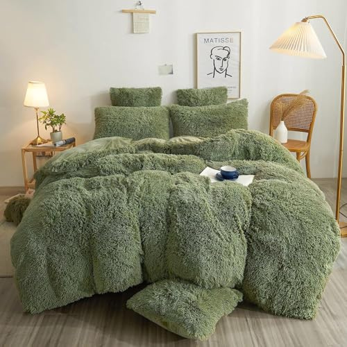 Michorinee Housse de Couette en Peluche 140x200 + Taie d'oreiller 65x65 cm Parure de Lit Polaire Flanelle Chaud Hiver - Linge de lit 1 Personne Duveteux avec Fermeture Éclair, Vert Sauge