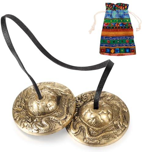 Boao Platillos tibetanos Tingsha Campanas de meditación con bolsa de tela con cordón tibetano, campanas de meditación de 2.5 pulgadas, para instrumento de percusión (2 dragones con campana en relieve)