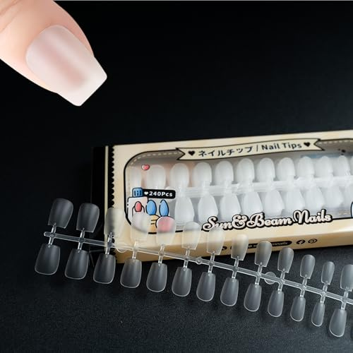 Sun&Beam Nails Künstliche Nagelspitzen Volle Abdeckung aus klarem Acryl für Maniküresalons Nail Art 15 Größen 240 Stück (Extra Kurz Coffin)