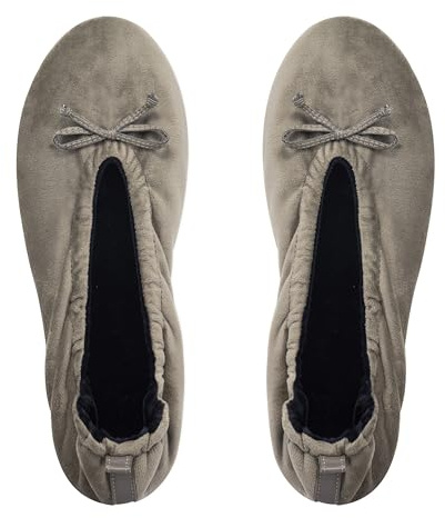 GLOVE STORY Pantofole Ballerina da Interno da Donna in Velluto con Suola in Morbida Pelle e Fiocco - Materiale Morbido Confortevole - Pantofole Ballerina da Donna Morbide - Realizzate a Mano (Taupe L)
