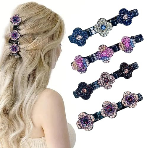 Lot de 4 barrettes à cheveux à double couche, colibri avec fleur en cristal, barrettes à cheveux avec pierres de cristal étincelantes, double pince à cheveux avec 3 clips, pinces à cheveux élégantes