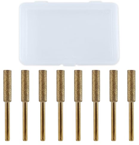 LEONTOOL 8 Pcs High Hardness Diamond Chainsaw Sharpener Bit 3/16 4.8mm Titanium Plated Burr Stone File Polishing Tool with 1/8 Shank Burr Grinding Stone File for Chain Saw Wood Jewelry Stone, Golden