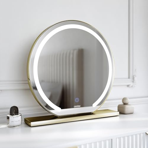 FABS Desktop Vanity Illuminated Makeup Mirror with Touch LED Lights Sensor 3 Colour Settings Dimmable Brightness Lighted Ring Semi-circle Dresser Mirror Gold Frame and rectangular stand (Eden Gold)