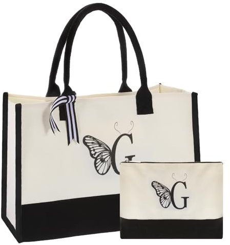 sourcing map Leinen-Einkaufstasche mit Make-up-Tasche, wiederverwendbare Strandtasche, personalisiertes Geschenk für Frauen, Einkaufen, Lebensmittel, Mutter, Lehrer, Schwester, Brautjungfer, Hochzeit,