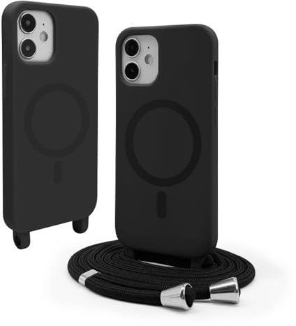 VAVAVOOMY Handykette Hülle für iPhone 12 Mini(5.4) mit Band Halsband Lanyard (abnehmbar) Handyhülle, Verstellbarer Lanyard.Magnetisch Stoßfest Silikonhülle Wireless Charging kompatibel .-Schwarz
