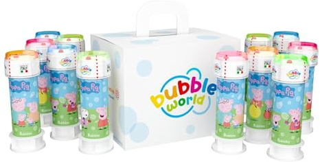 Bubble World – Seifenblasen Peppa Pig – Seifenblasen für Kinder – 12er-Pack – Einfarbige Röhrchen und integrierte Blasvorrichtung Kindergeburtstage – Hergestellt in Italien
