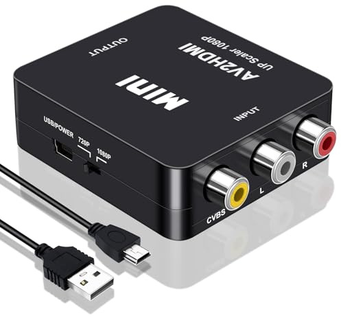Convertidor RCA a HDMI, convertidor AV a HDMI, 1080P Mini RCA compuesto CVBS adaptador convertidor de audio de vídeo compatible con PAL/NTSC para TV/PC/PS2/PS3/STB/Xbox VHS/VCR/Blue-Ray reproductores