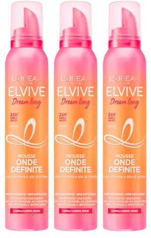 L'Oréal Paris Elvive Dream Long Mousse für langes und welliges Haar, feuchtigkeitsspendend, nährend für glattes Haar, weich, elastisch, mit Vitamin und Rizinusöl – 3 Flaschen à 200 ml