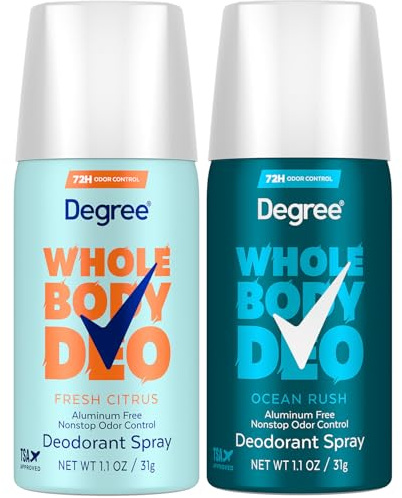 Degree Whole Body Deo Spray Variety 2-Pack – Aluminum-Free Deodorant for Women (Fresh Citrus) & Men (Ocean Rush), Travel-Size, 1.1 Oz Ea