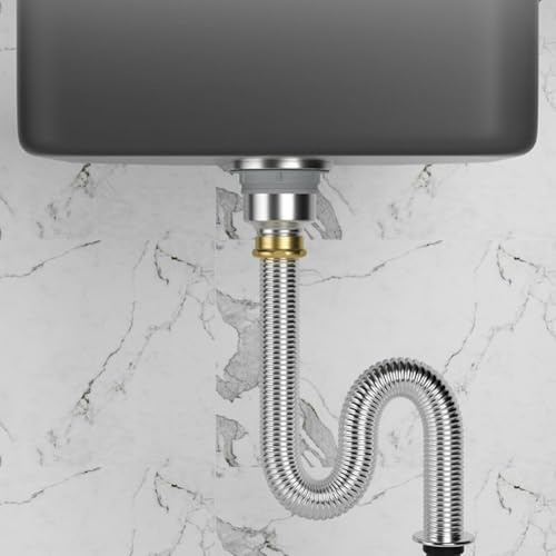 GLOBALHUT Kit di scarico per lavello da bagno, sifone in acciaio inox, tubo flessibile di scarico per scarico dei rifiuti, anello di tenuta in silicone inodore per impianti idraulici di bagno e cucina