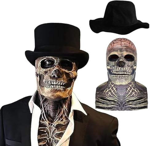 TISMHGKU Masque de Crâne d’Halloween en Latex Réaliste avec Chapeau, Masque Squelette Adulte à Mâchoire Mobile, Masque Halloween Effrayant d’Horreur pour Cosplay, Carnaval et Fête