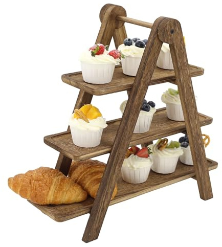 Dreistöckige Etagere aus Akazienholz, klappbar, rustikaler Präsentationsständer, geeignet für Desserts, Obst und Snacks, stabil und leicht zu verstauen, 38 x 41 x 15 cm, braun.