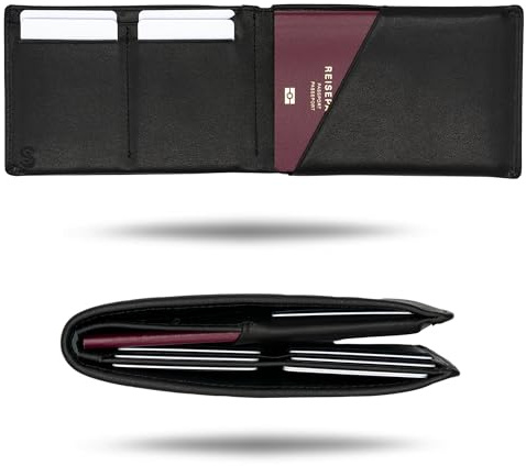 SLIMJACK® Reisepass Wallet - Leder Etui Geldbeutel mit RFID-Schutz – Reisebrieftasche & Dokumenten-Organizer für Reisepass, Karten & Tickets - Passport Mappe – Reiseetui Damen & Herren (Schwarz)