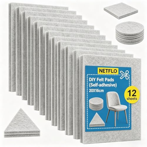 NETFLO Filtglidare, självhäftande filt för att klippa till stolar, 12 stycken 16 x 20 cm – 5 mm, extra stark, ljuddämpande, repskydd för stolar och tunga möbler, högkvalitativ nålfilt, golvskydd