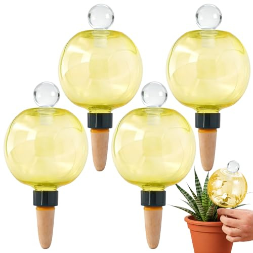 4 bolas de riego 500ml amarillo, automático para plantas con tapas | Tapas herméticas anti polvo,reutilizable,infiltración gradual,apto para flores,hortalizas,interior,balcón y jardín pequeño