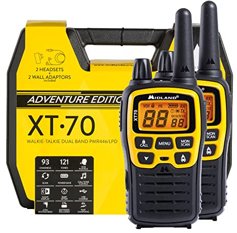 Midland XT70 Adventure PMR-Walkie Talkie Kofferset, 2x Funkgeräte mit bis zu 12 km Reichweite, mit LCD-Display und Micro-USB-Ladebuchse, für Kinder und Outdoor