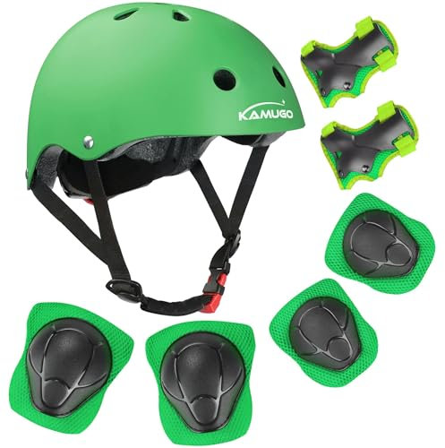 KAMUGO Casco de Bicicleta para niños, Casco para niños de 2 a 8 años, con Equipo de protección Deportivo, Rodilleras, Coderas y muñequeras para monopatín, Ciclismo, Patinete
