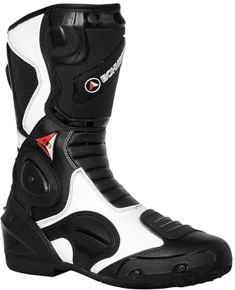Bohmberg Spartans Motorradstiefel Herren-ergonomisch-leicht, Motorradschuhe aus echtem Leder mit aufgesetzten Hartschalenprotektoren Schwarz-Weiss - EU 44