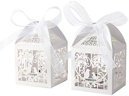 Benbilry 50 Stück Gastgeschenke Hochzeit Süßigkeiten Kasten Vogel Muster Schachtel Taufe Geschenkbox Kartonage Tischdeko Dekoration Weiß