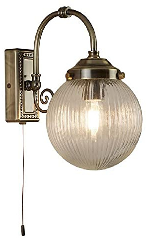 Britalia Antique Brass & Clear Ribbed Glass Bathroom Vintage Switched Wall Light | 1 x E14 SES Lamp Bulbs Required (Not Included) | IP44 Rated | Suitable for Outdoor Use