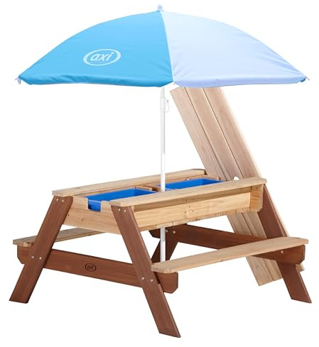 AXI Nick Mesa de Picnic Infantil de Arena y Agua de Madera | Mesa de Juego de Agua y Arena con Tapa y recipientes | Mesa Infantil/Mesa de Barro en Marron con Parasol para el Jardin-