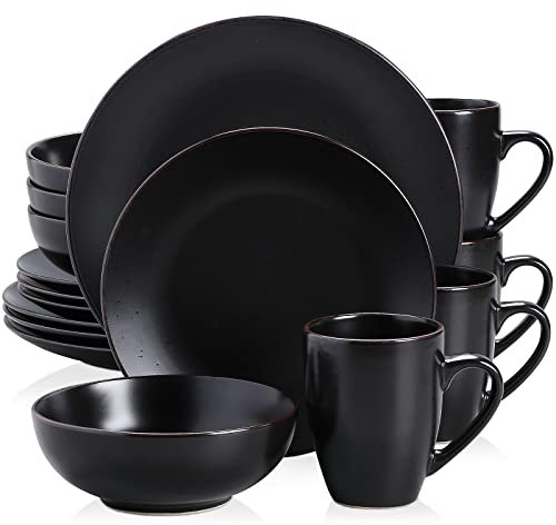vancasso MODA Servizio da tavola, set combinato 16 pezzi in porcellana con piatto piano, piatto da dessert, ciotola di cereali e tazza, servizio da tavola nero, servizio per 4