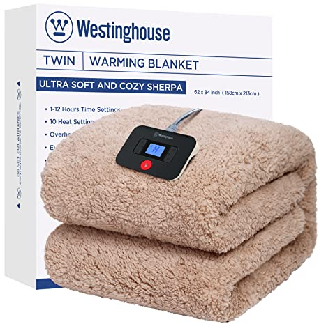 Westinghouse Electric Blanket Twin Size, Soft Plush Sherpa Heated Blanket with 10 Heating Levels & 1-12 Hours Auto-Off, Machine Washable, 62x84 inches, Camel