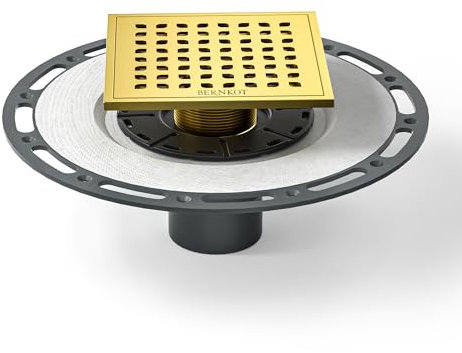 Bernkot Quadratischer Duschablauf, 15,2 cm, poliert, goldfarben, mit PVC-Verbindungsflansch, 304 Edelstahl, Ablaufrost, abnehmbar, mit Edelstahl-Ablaufschlüssel für flache Duschfliesen