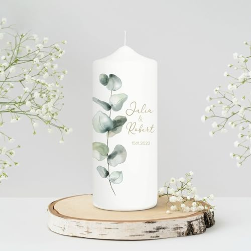 Wandtattoo Loft Hochzeitskerze personalisiert mit Namen und Datum, Motiv mit Eukalyptuszweig, 18cm x 7cm, personalisierte Gastkerze, Hochzeit Kerze selbst gestalten, Hochzeitsgeschenk, Valentinstag