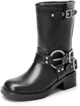 DREAM PAIRS Damen Wadenhohe Stiefel Motorradstiefel mit quadratischer Zehenpartie und Schnallen Bikerstiefel mit niedrigem klobigem Absatz,Size 38.5,Schwarz,SDMB2405W