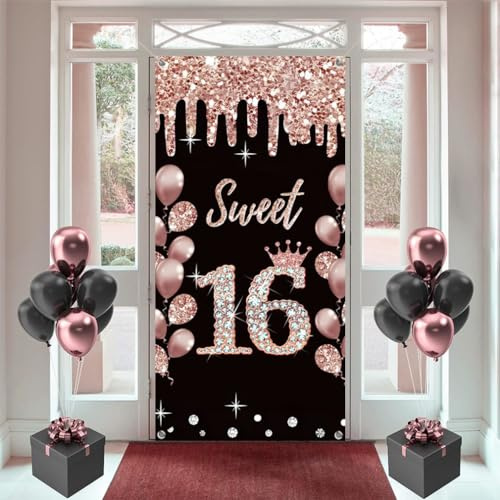 16. Geburtstag Dekorationen für Mädchen, Rosegold Hintergrund Tür Banner, 180 cm x 90 cm, Happy 16 Years Old Schild