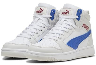 PUMA Unisex Kinder Rebound V6 Mid Jr Sneaker, Puma White Vivid Blue Feather Gray, 36 EU