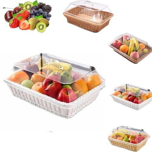 Suixtil Cesta de Mimbre con Tapa acrílica, Cesta de Verduras Trenzada, Cesta de Mimbre con Tapa, Cesta de Picnic, Cesta de Pan, Cesta de Verduras de Mesa(Blanco,1 Stpck)