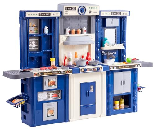 VEVOR Set da Cucina per Bambini 3-8 Anni, Cucina per Bambini 3 in 1 con Spruzzatore Simulato, Suoni e Luci, con Set di Accessori da Cucina 74 Pezzi per Bambini Piccoli, Bambini in Età Prescolare, Blu