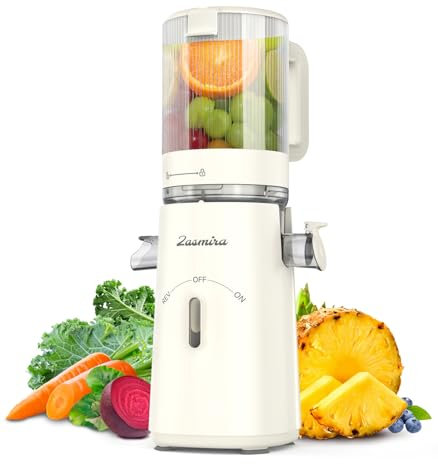 Extractor de Zumos y Verduras, Zasmira Exprimidor Lento Mejorado con Canal de Alimentación de 120 mm, Licuadoras para Zumos y Batidos, 99,6% de Pureza del Jugo, Más Fácil de Limpiar, 2 Tazas Incluidas