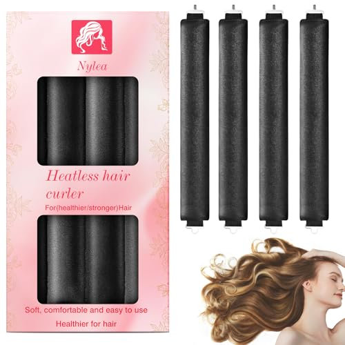 Bigodino Lungo per Boccoli 4 Pezzi,Bigodini Morbidi per Dormire Gomma Heatless Hair Curler DIY Arricciacapelli Senza Calore Flessibili Bigodino Fascia Capelli per Capelli Medi Lunghi (Nero)