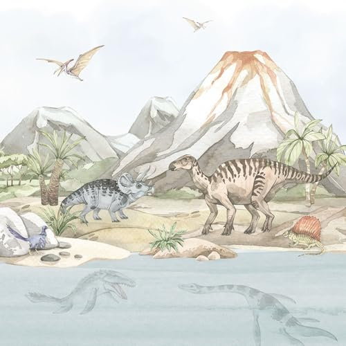 UNIK Nordic Vliestapete Kindertapete Dinosaurier Pastell 150 x 250 cm – Urzeitwelt mit Vulkan & Dinos im Aquarellstil – schadstofffrei & kreativitätsfördernd – liebevoll gestaltet fürs Kinderzimmer