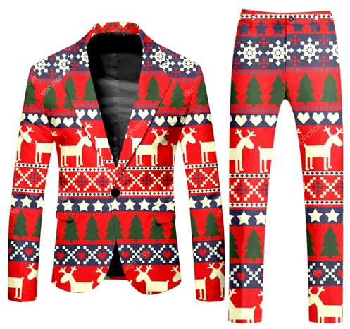 Generisch Stampa maschile Natale Temi Casual Top Bottom Due Pezzi Del ballo Festa Vestito Natale Uomo 2 Pezzi Babbo Natale Divertente 3D Slim Fit Tuta da Uomo per Occasioni Festive, Colore: rosso, L