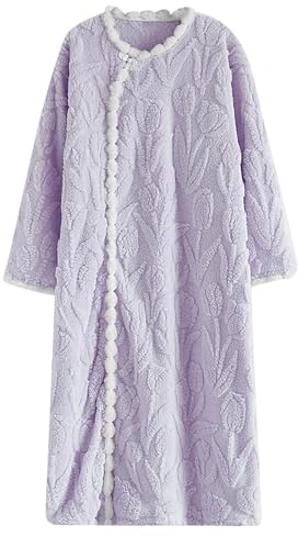 Vintermorgonrockar för damer varma långa nattlinnen för kvinnor utan fickor långärmad husklänning vinter badrock pyjamas korall fleece nattlinne plus storlek komfort handduk rock, Lila, M